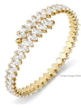 Rhinestone Cuff Bracelet Gold Plated Open Flexible Fit for Wedding Prom